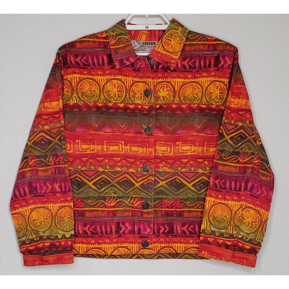 Chico's Button Down Denim Jacket Sz 1 Multicolor Print Lightweight Cotton Collar